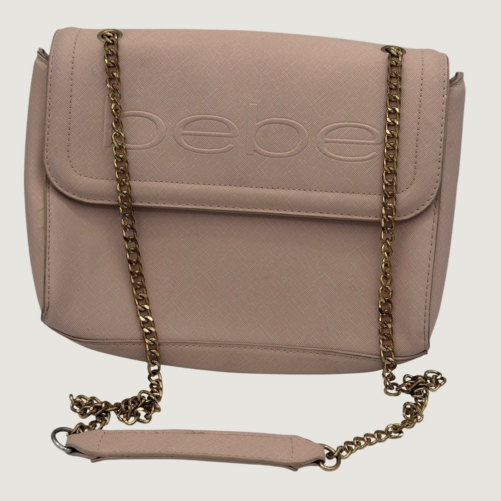 Bebe Lila Flap Shoulder Bag Blush Pink Faux Leather Chain Strap Purse